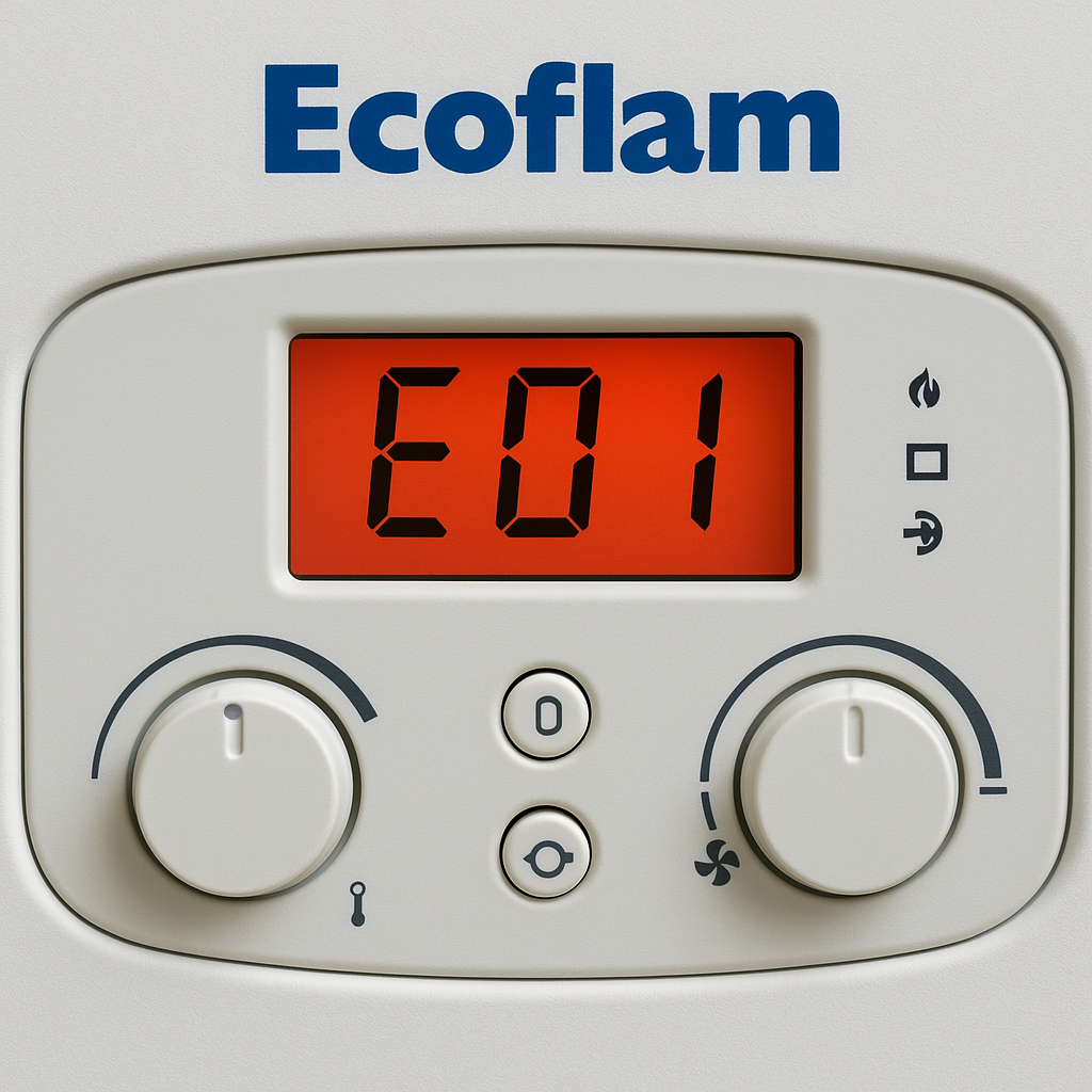Display caldaia Ecoflam con codice errore E01 visibile