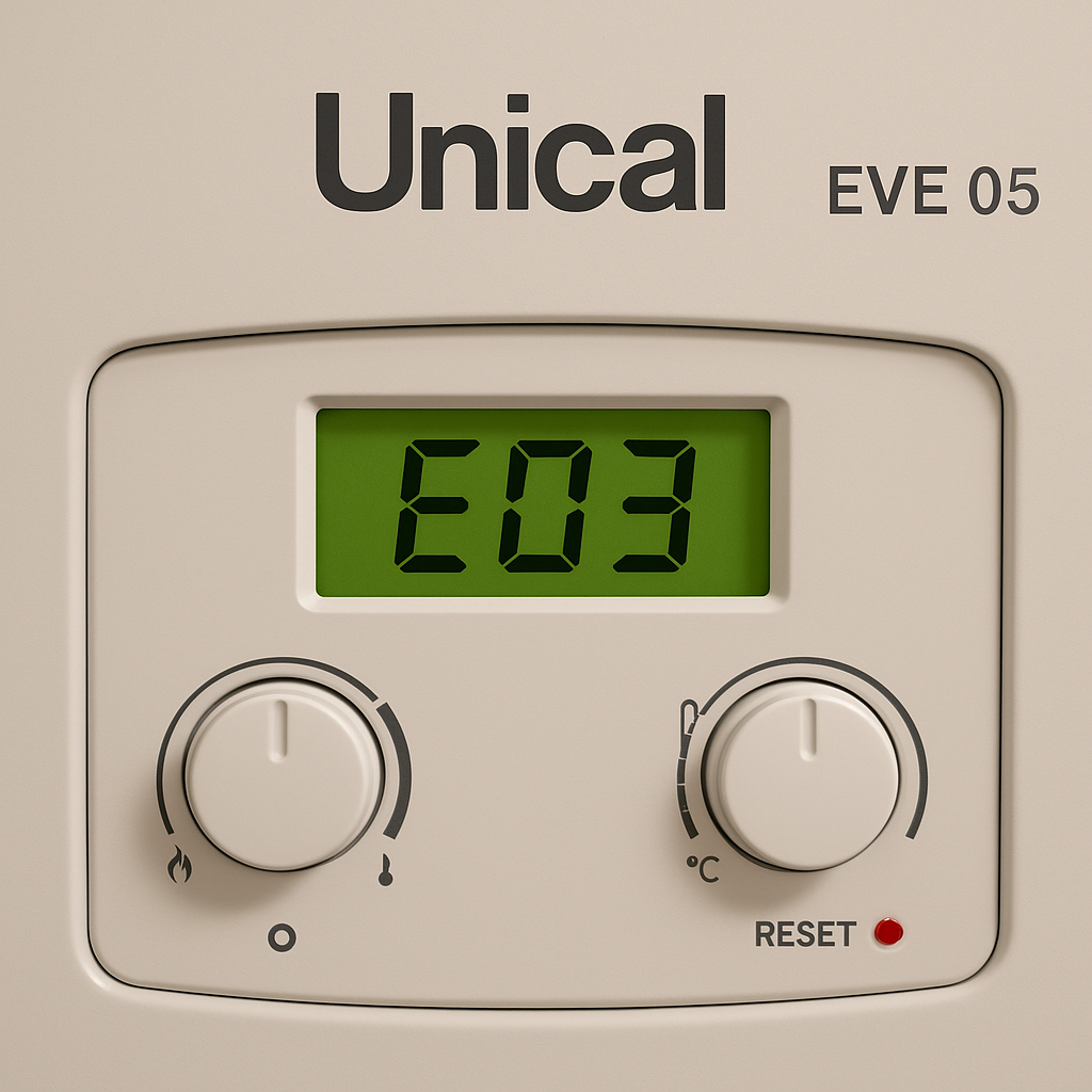 Display caldaia Unical EVE 05 con codice errore E03 visibile su schermo verde