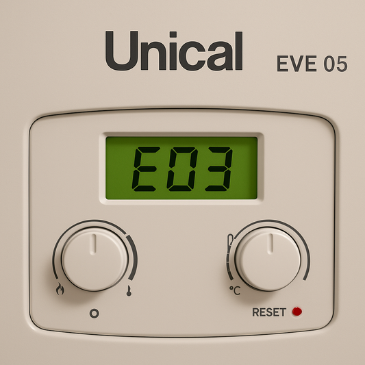 Display caldaia Unical EVE 05 con codice errore E03 visibile su schermo verde