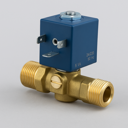 Elettrovalvola per caldaia in ottone con bobina elettrica blu