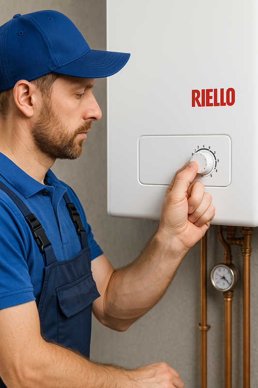 Idraulico che regola la temperatura di una caldaia Riello