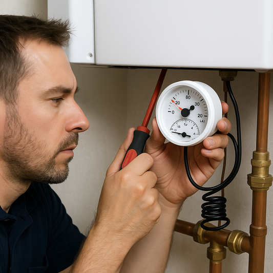 Tecnico che installa un termoidrometro su una caldaia per controllo pressione e temperatura