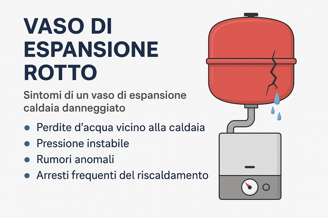 Vaso di espansione caldaia rotto con perdita d’acqua e sintomi principali: pressione instabile, rumori e arresti frequenti del riscaldamento