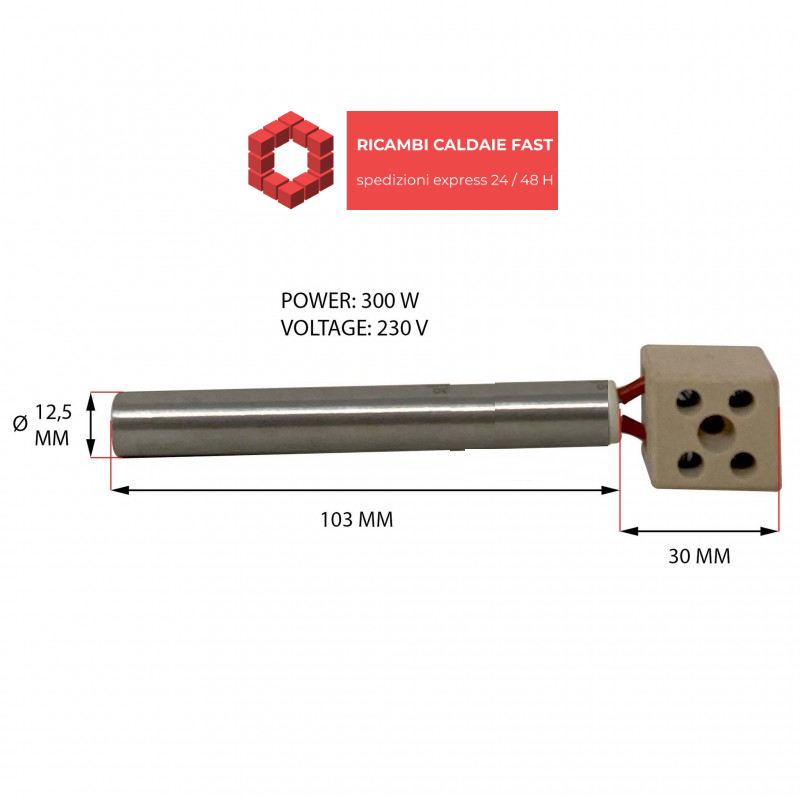 Candeletta accensione 102 mm potenza 300 W in ceramica d.12,5 mm
