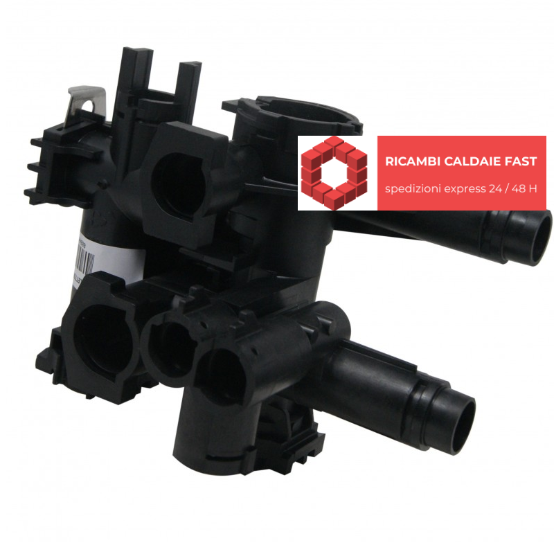 Collettore per acqua sanitario nero con ingresso ed uscite per caldaie Sime