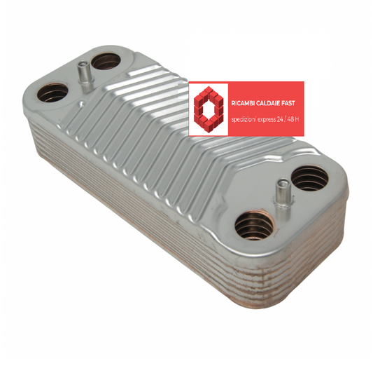 Scambiatore secondario sanitario a 14 piastre per caldaie Emmeti, codice BI1001101 – compatibile con modelli Lola L24K, L28K, N24K e N28K, in acciaio inox ad alta resa per la produzione istantanea di acqua calda sanitaria.