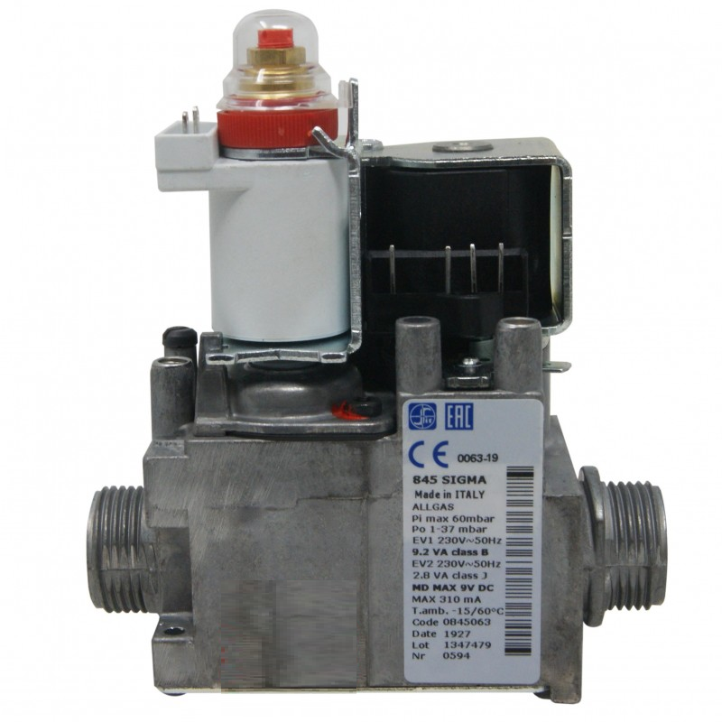 845 SIGMA MADE IN ITALY ALLGAS Pi max : 60 mbar Po 1-37 mbaar EV1 23O V FREQUENZA : 50 Hz 9.2 Va class B EV2 230 V Frequenza : 50 Hz 2.8 Va Class J MD MAX 9V DC Max 310 mA Temperatura Ambiente : - 15/60° C