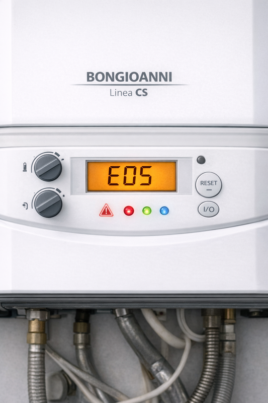 Caldaia BONGIOANNI Linea CS con codice errore E05 sul display
