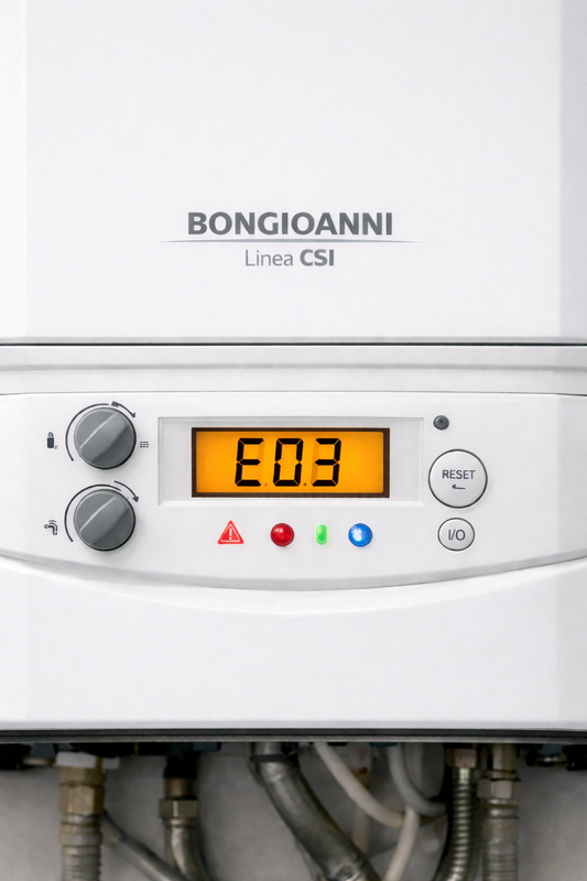 Caldaia BONGIOANNI Linea CSI con codice errore E03 sul display