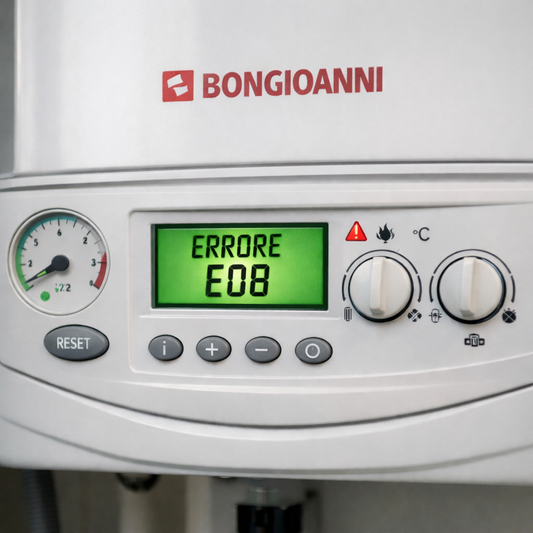 Caldaia Bongioanni Linea CSI con errore E08 visualizzato sul display