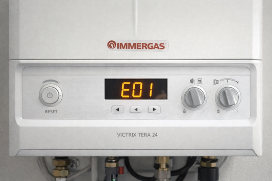 Caldaia Immergas Victrix Tera 24 con codice errore E01 visualizzato sul display