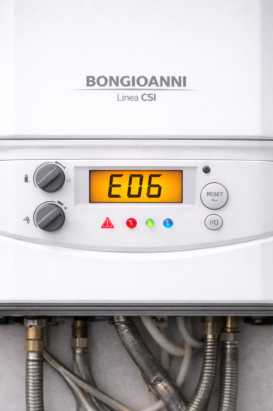 Caldaia BONGIOANNI Linea CSI con codice errore E06 sul display