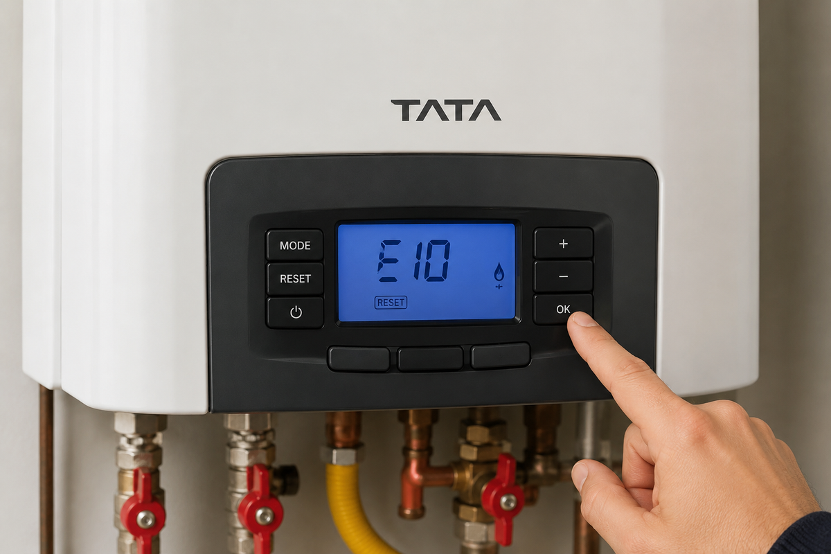 Caldaia Tata con codice errore E10 sul display e mano che effettua il reset della caldaia.