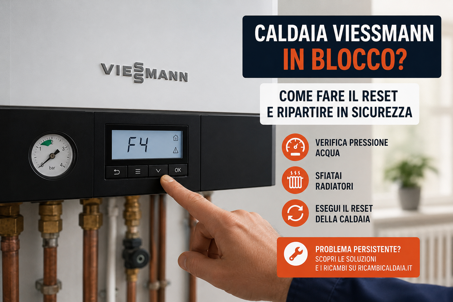 Caldaia Viessmann in blocco con errore F4 sul display e guida reset per ripristinare il funzionamento della caldaia in sicurezza.