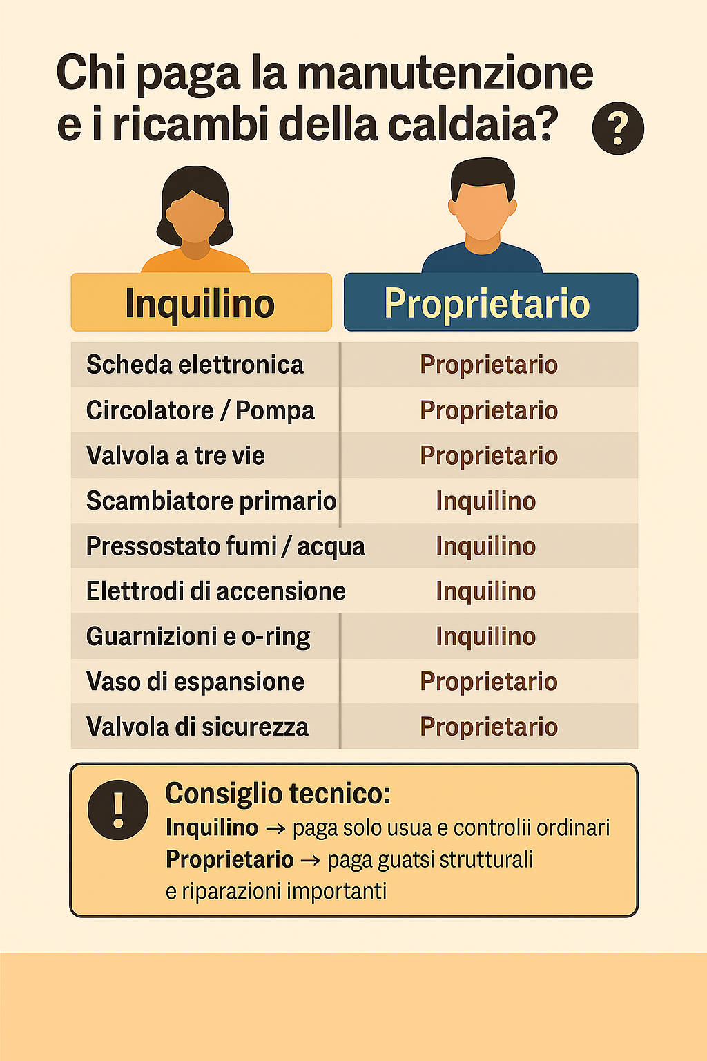 Tabella chi paga la manutenzione caldaia tra inquilino e proprietario con scheda elettronica, circolatore e valvola a tre vie a carico del proprietario