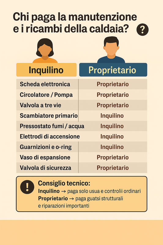 Tabella chi paga la manutenzione caldaia tra inquilino e proprietario con scheda elettronica, circolatore e valvola a tre vie a carico del proprietario