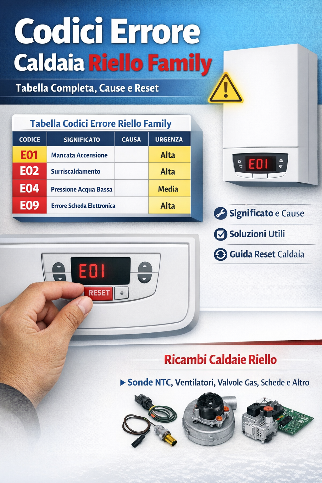 Tabella codici errore Riello Family con display E01, guida reset e ricambi caldaie Riello compatibili