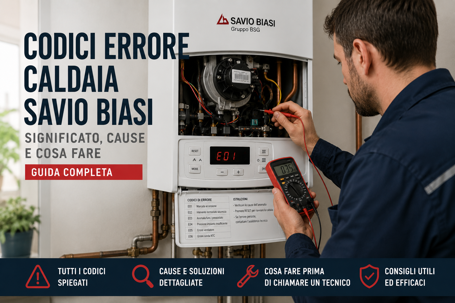 Codici errore caldaia Savio Biasi: tecnico durante la diagnosi di un guasto con pannello aperto