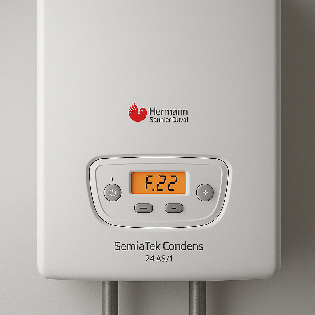 Display caldaia SemiaTek Condens 24 AS/1 che mostra codice errore F22 per pressione bassa