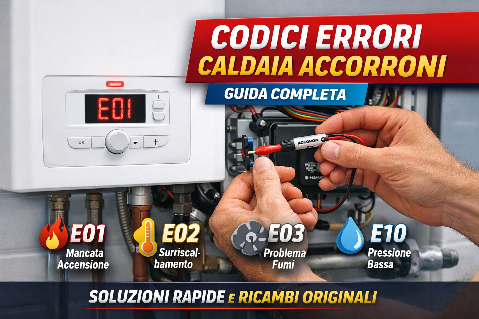 Display caldaia Accorroni con errore E01 e guida completa ai codici errore e soluzioni