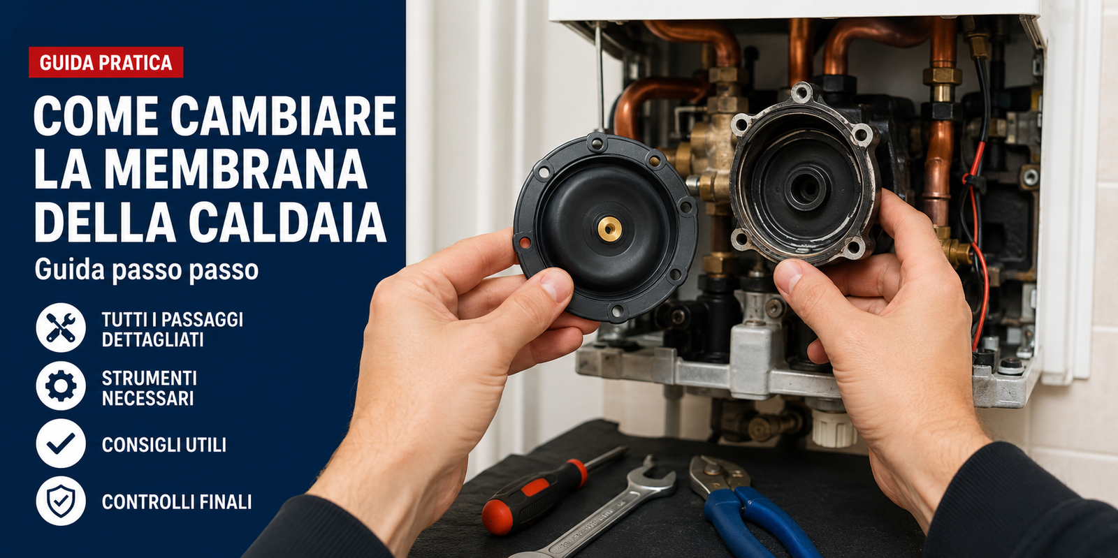 Tecnico durante la sostituzione della membrana della caldaia con guida passo passo per il cambio del componente del gruppo acqua