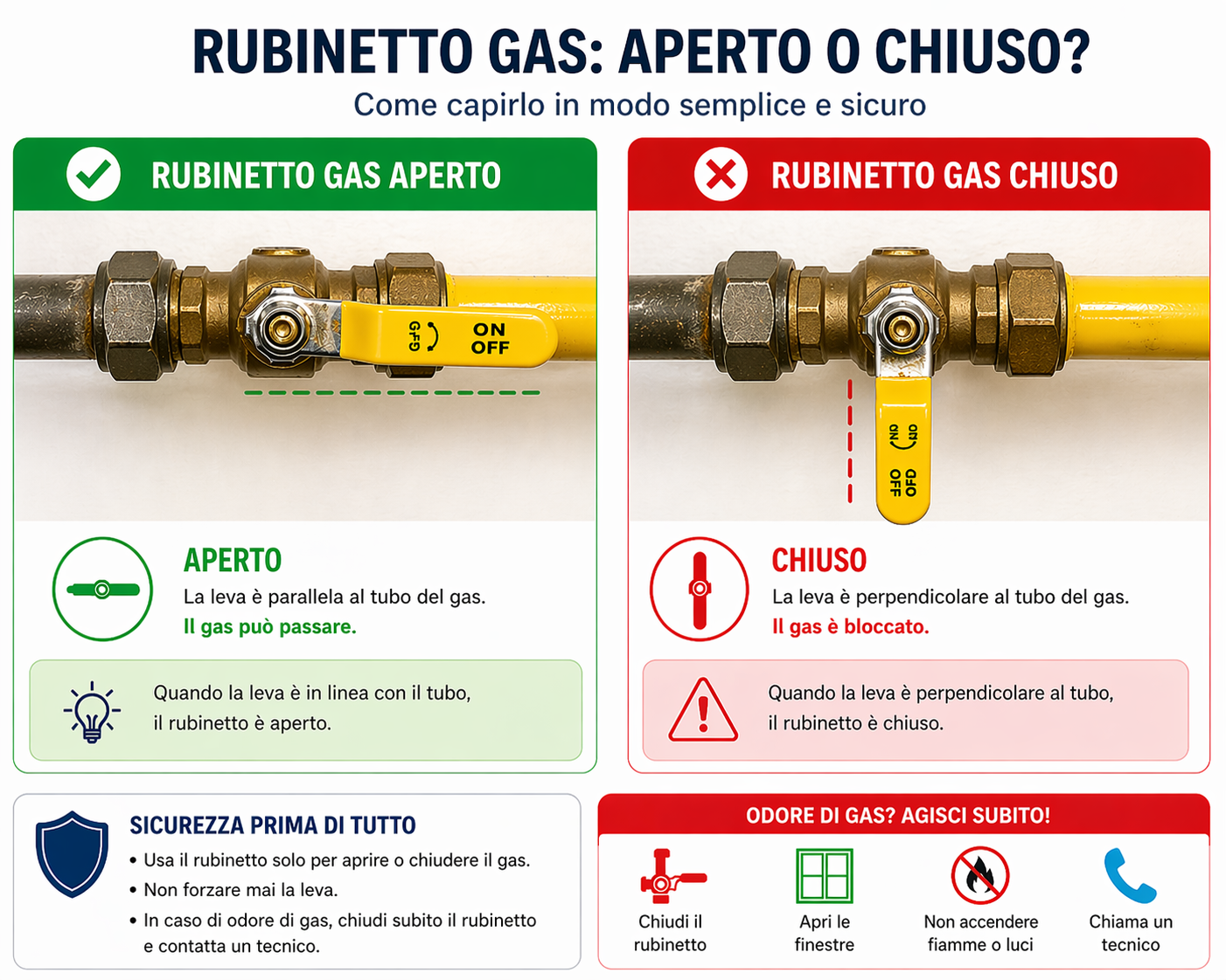 Foto di rubinetto di gas aperto e rubinetto gas chiuso