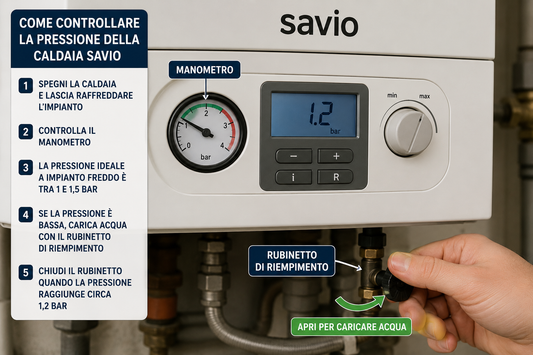 Controllo pressione caldaia Savio tramite manometro e rubinetto di riempimento per riportare la pressione corretta dell’impianto.
