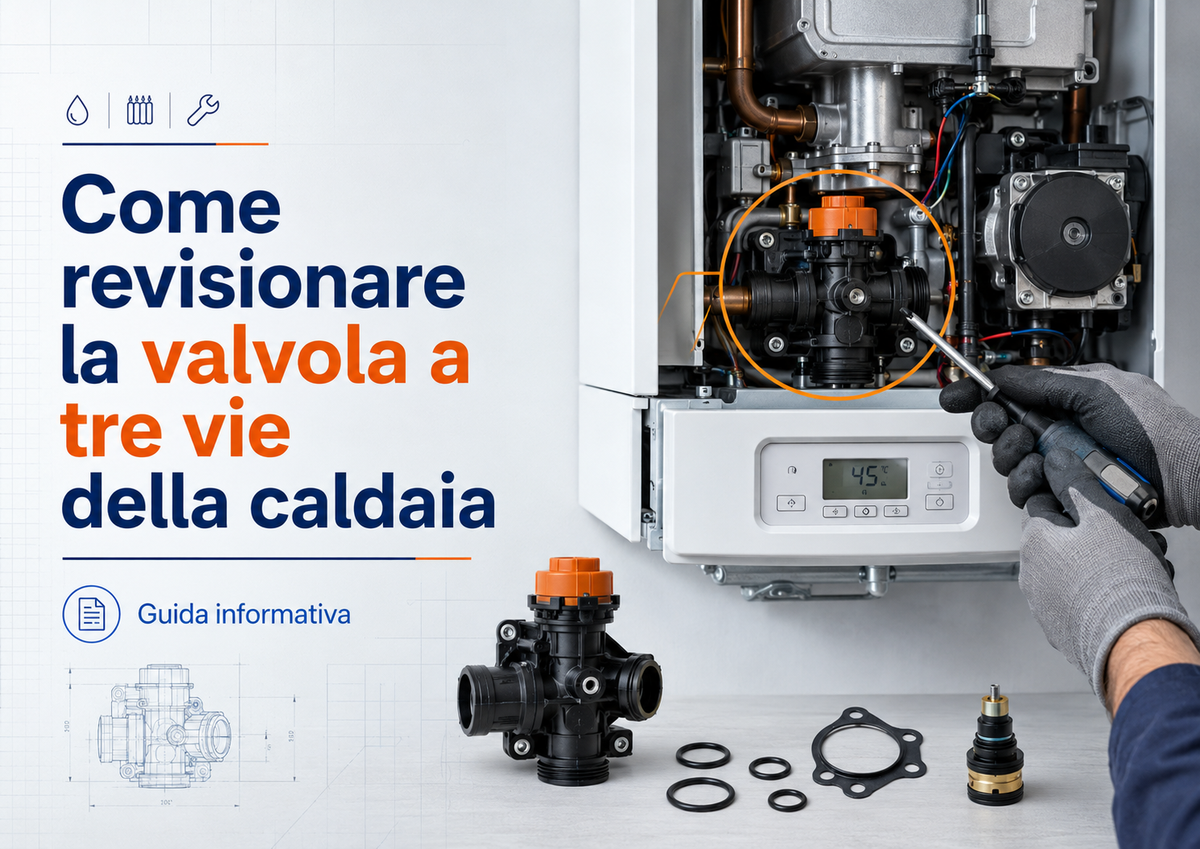 Tecnico durante la revisione della valvola a tre vie della caldaia con cartuccia, guarnizioni e O-ring