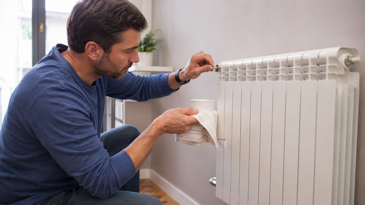 Persona che sfiata un termosifone con chiavetta, panno e recipiente