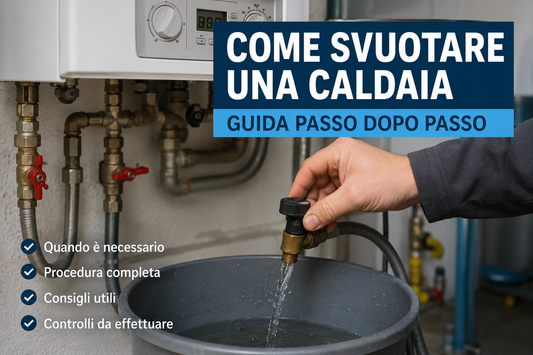 Tecnico che svuota una caldaia utilizzando il rubinetto di scarico durante un intervento di manutenzione