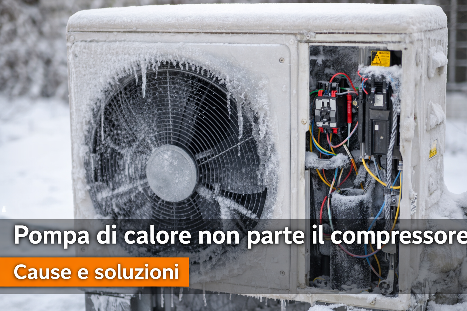 Compressore pompa di calore bloccato con ghiaccio sull’unità esterna in inverno