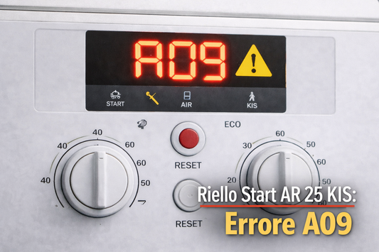 Display caldaia Riello Start AR 25 KIS con errore A09 e simbolo di blocco