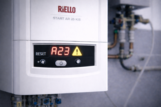 Caldaia Riello Start AR 25 KIS con errore A23 flussostato sanitario visualizzato sul display