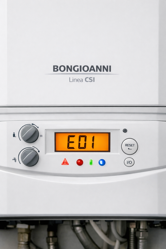 Caldaia BONGIOANNI Linea CSI con codice errore E01 sul display