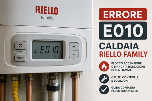 Display caldaia Riello Family con errore E010 e guida alle cause del blocco accensione e mancata rilevazione della fiamma.