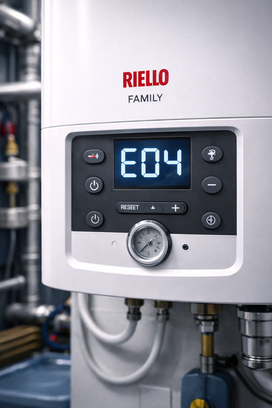Display caldaia Riello Family con codice errore E04 blocco per pressione impianto insufficiente