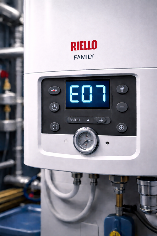 Display caldaia Riello Family con codice errore E07 problema modulazione gas e fiamma instabile