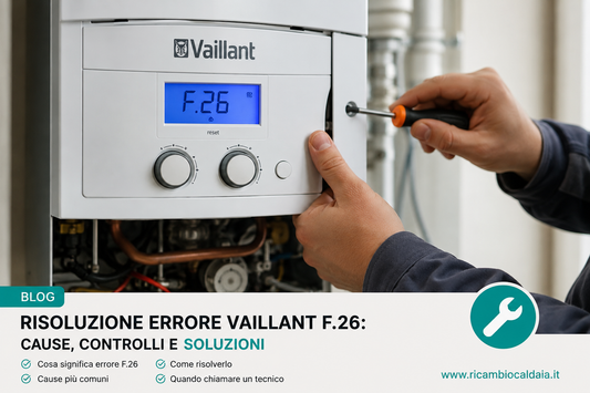 Tecnico che controlla caldaia Vaillant con errore F26 sul display durante intervento di assistenza e diagnosi guasto gas.