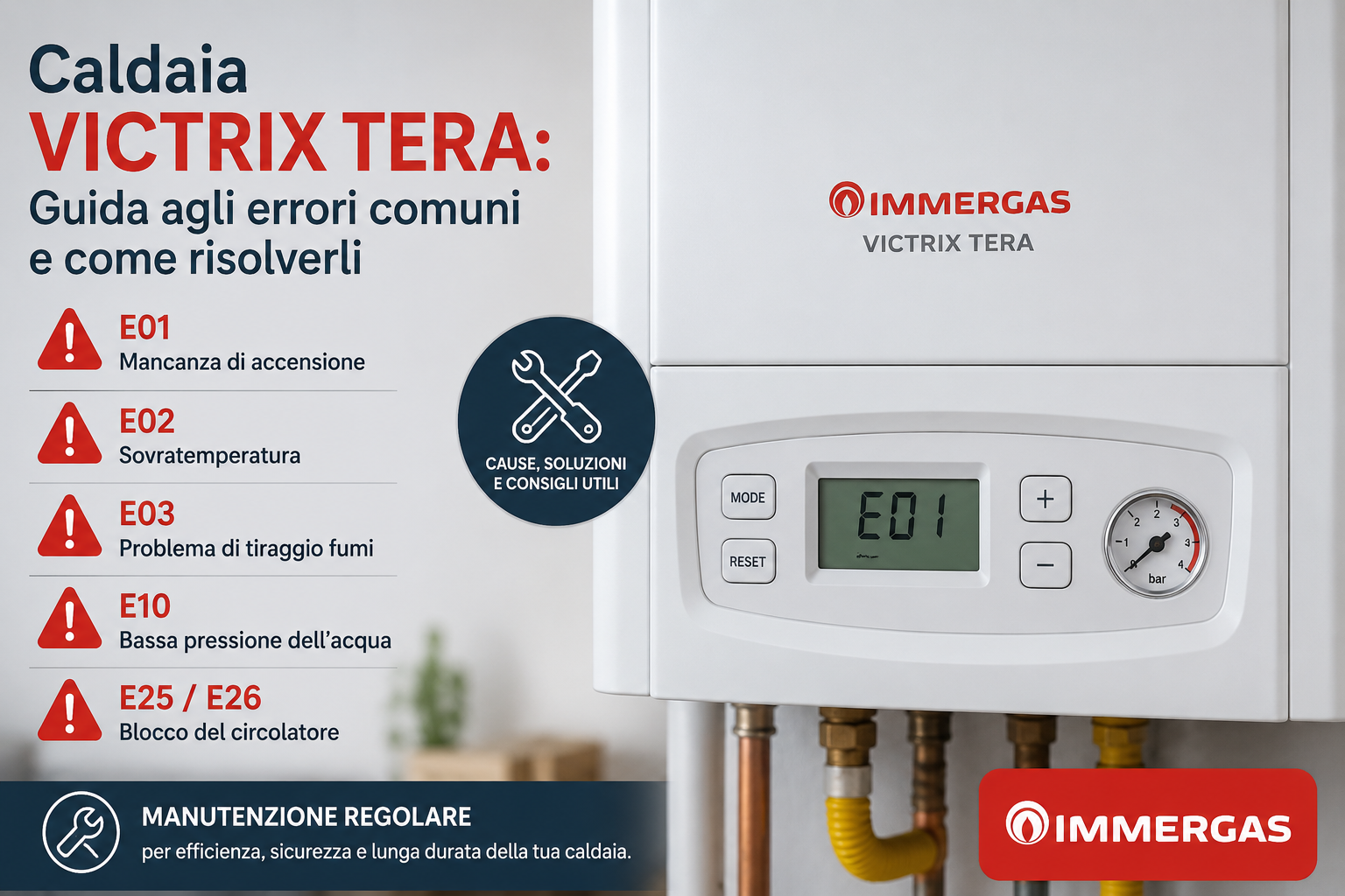 Errori comuni caldaia Immergas Victrix Tera con cause, soluzioni e codici errore E01 E02 E03 E10 E25 E26