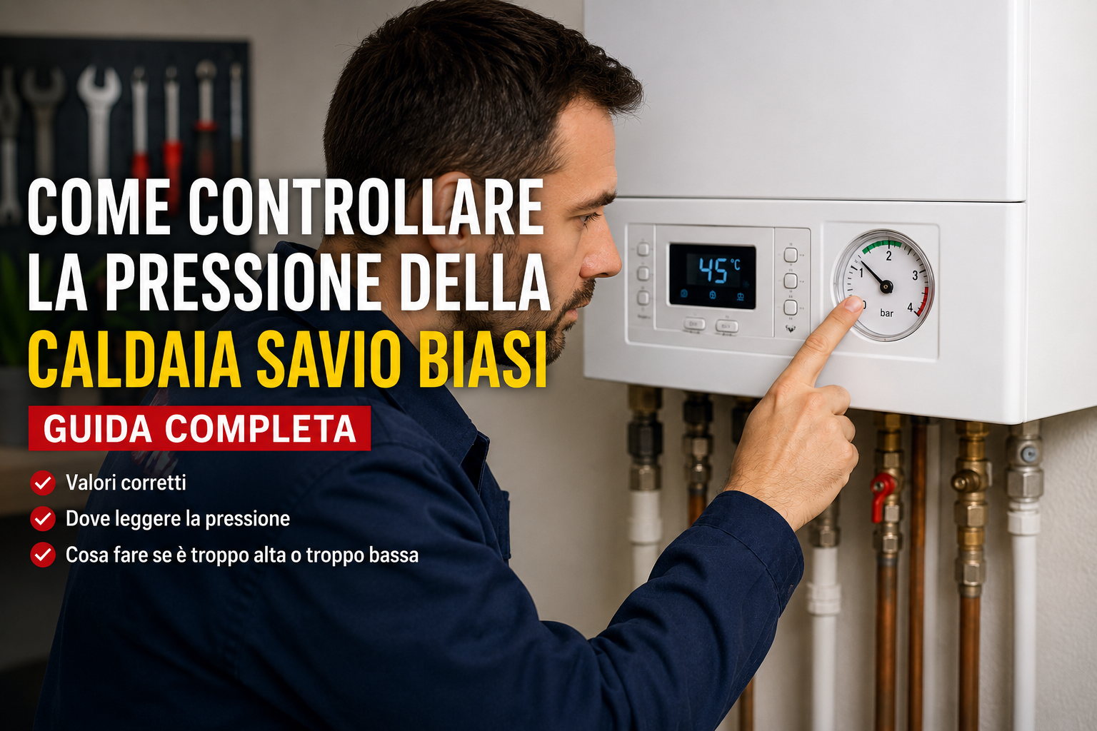 Tecnico che controlla la pressione della caldaia Savio Biasi verificando il manometro durante una manutenzione dell'impianto