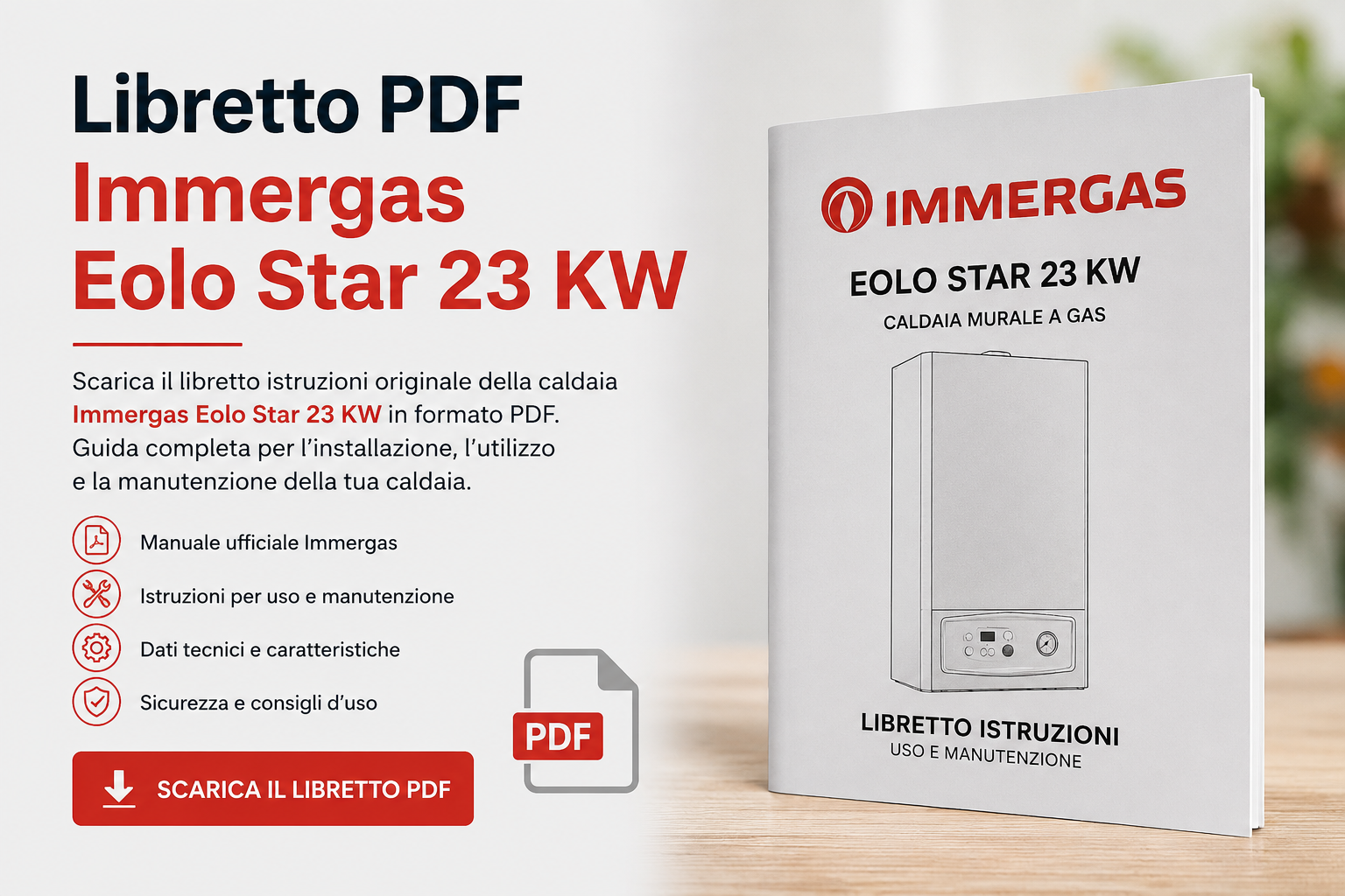 Copertina del manuale e libretto istruzioni della caldaia Immergas Eolo Star 23 KW con guida all'utilizzo, manutenzione, dati tecnici e download del PDF.