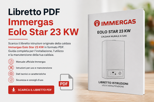 Copertina del manuale e libretto istruzioni della caldaia Immergas Eolo Star 23 KW con guida all'utilizzo, manutenzione, dati tecnici e download del PDF.
