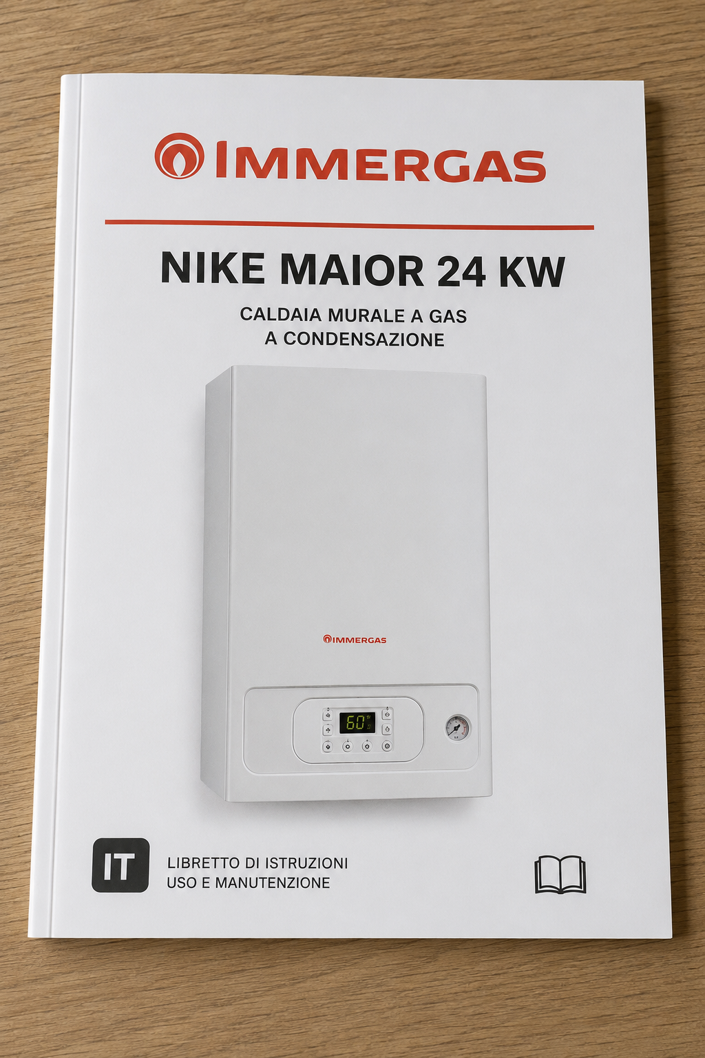 Copertina del manuale Immergas Nike Maior 24 KW in formato PDF con istruzioni per utilizzo, manutenzione e dati tecnici della caldaia.