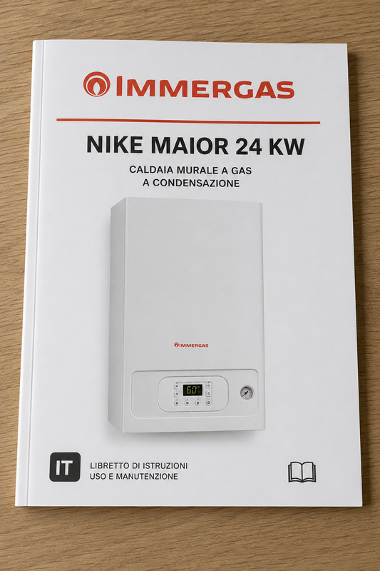 Copertina del manuale Immergas Nike Maior 24 KW in formato PDF con istruzioni per utilizzo, manutenzione e dati tecnici della caldaia.
