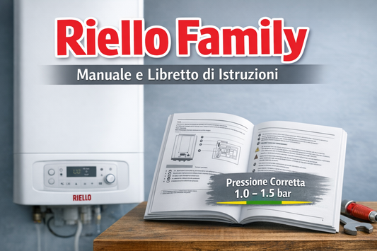 Manuale e libretto di istruzioni caldaia Riello Family con pannello comandi e schema tecnico