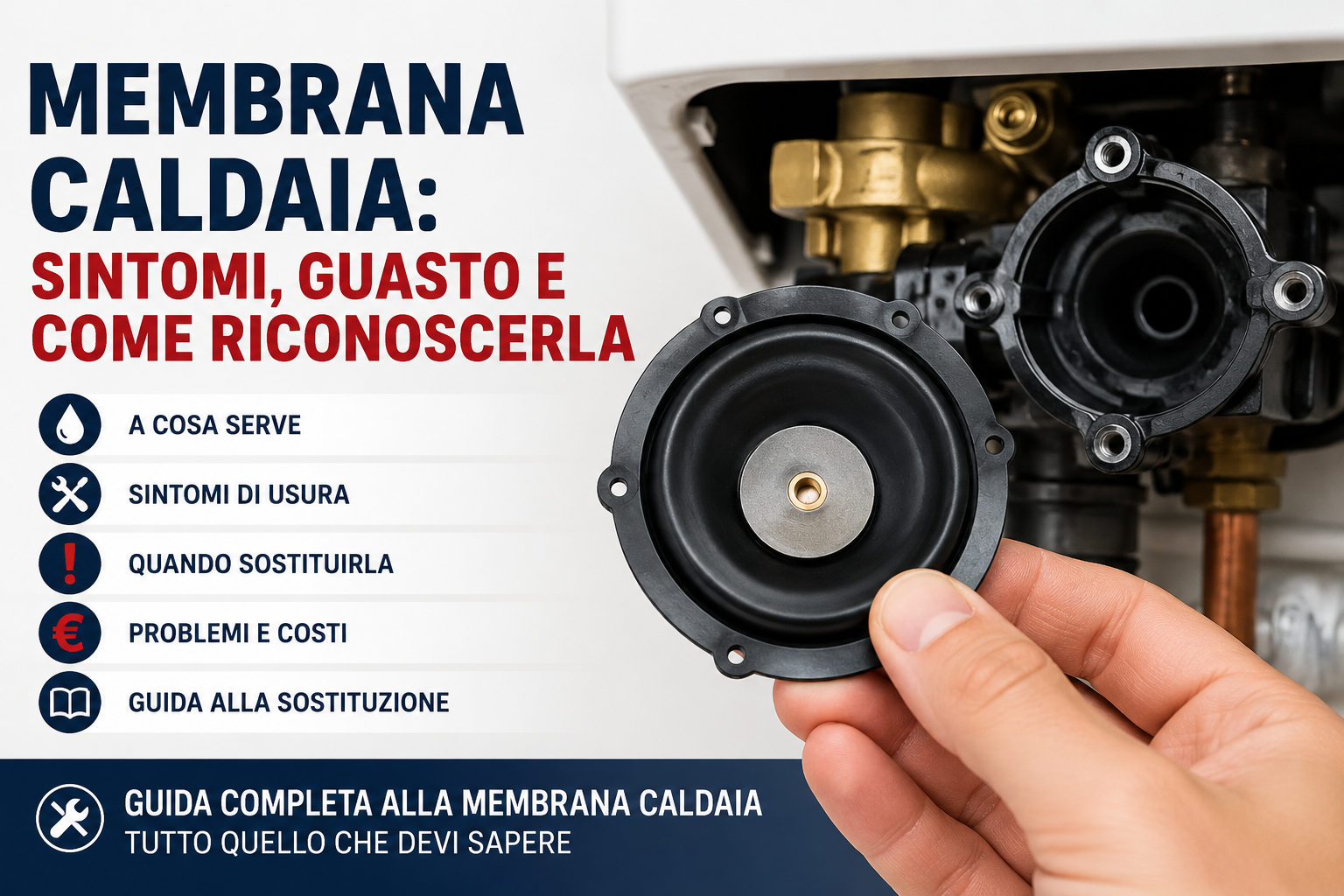 Membrana della caldaia con gruppo acqua aperto per illustrare sintomi di usura, guasti e sostituzione del componente