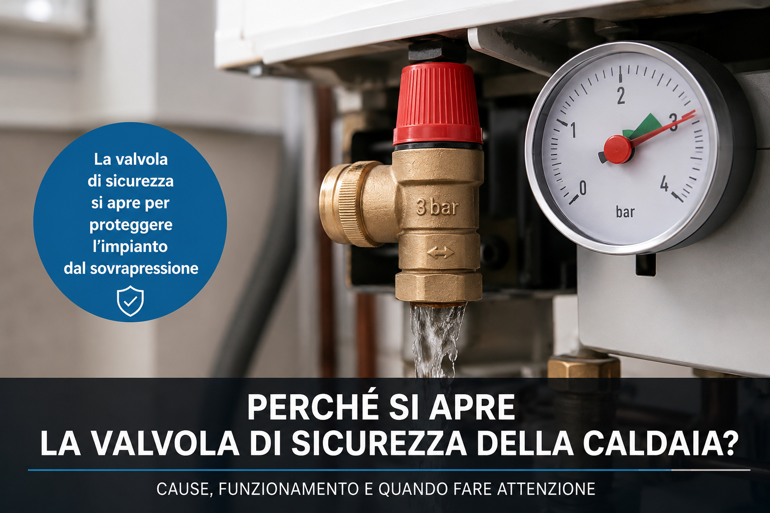 Valvola di sicurezza della caldaia che si apre per scaricare acqua quando la pressione dell’impianto supera il valore di sicurezza.