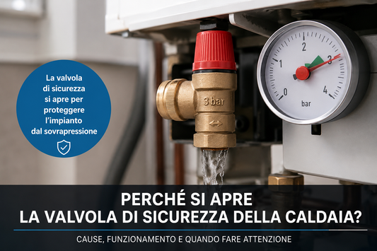 Valvola di sicurezza della caldaia che si apre per scaricare acqua quando la pressione dell’impianto supera il valore di sicurezza.