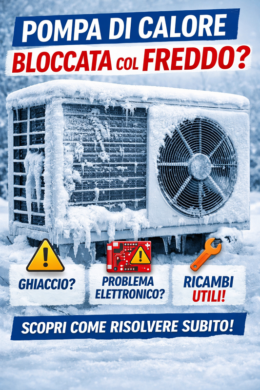 Pompa di calore bloccata dal freddo con ghiaccio sull’unità esterna in inverno