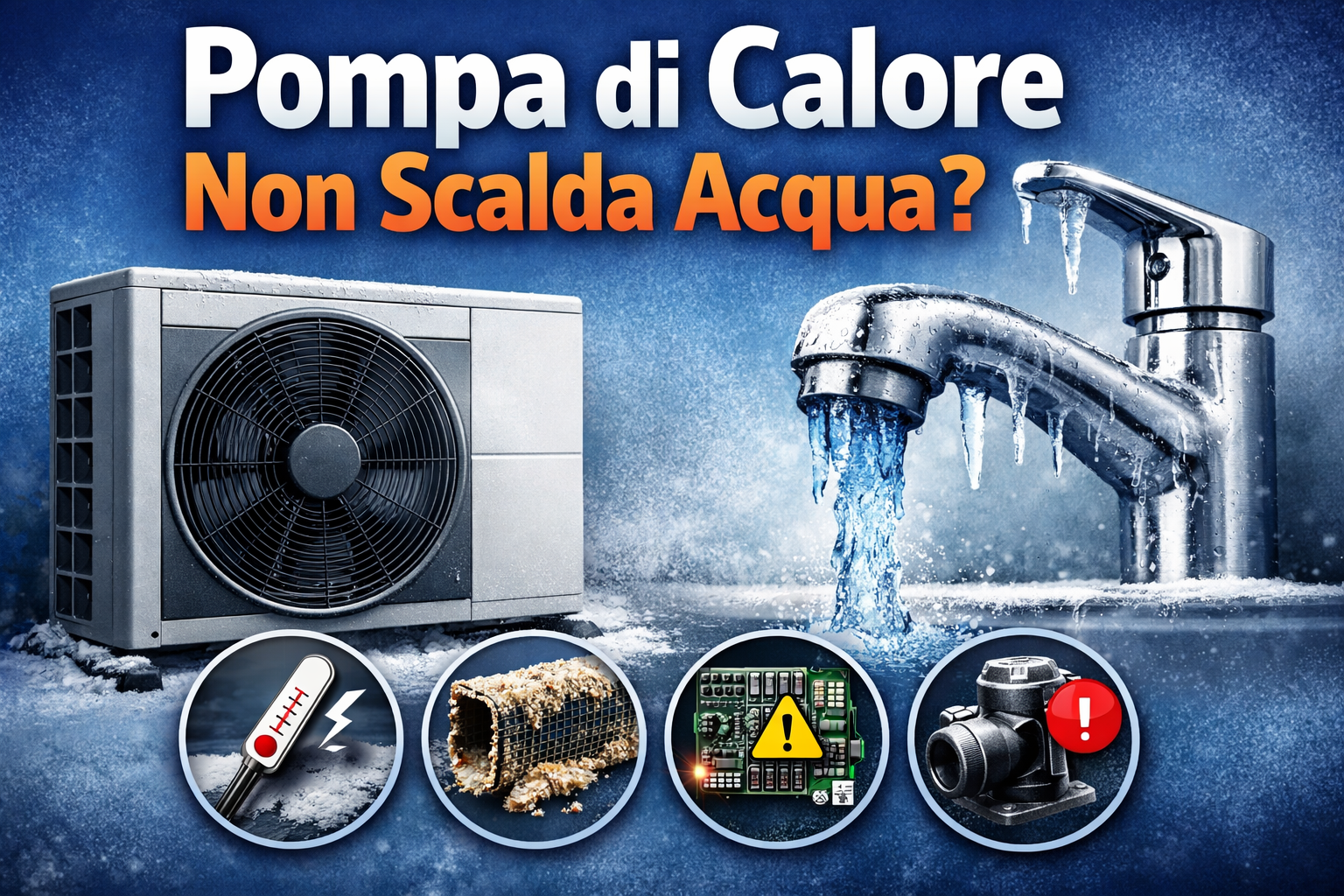 Pompa di calore non scalda acqua con unità esterna e rubinetto ghiacciato, cause e soluzioni con ricambi pompe di calore